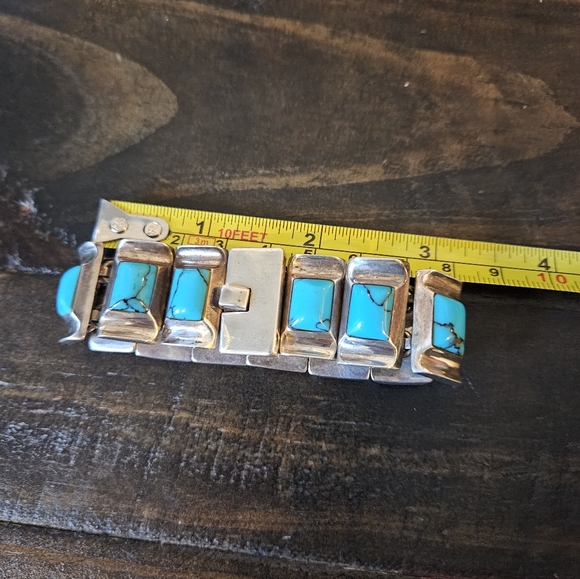 Reserved😍Amazing 950 Silver Taxco Turquoise (Block) Panel Bracelet - Picture 7 of 8